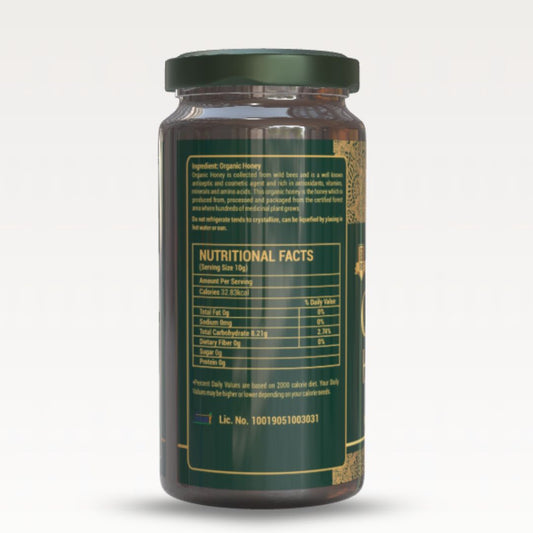 Jar with a green label displaying nutritional facts on a white background