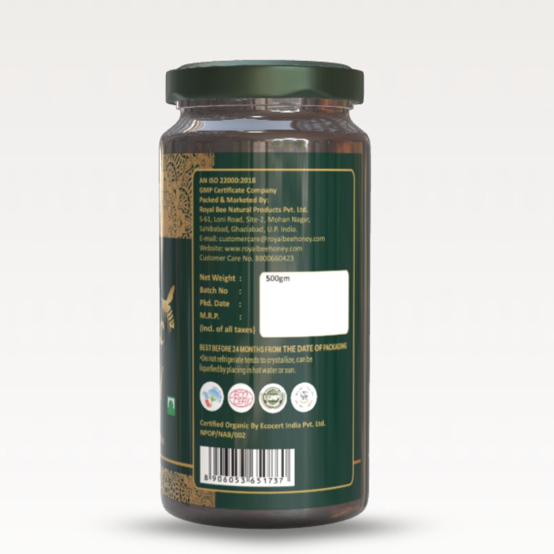 Back view of a green jar with text and certification logos on a white background